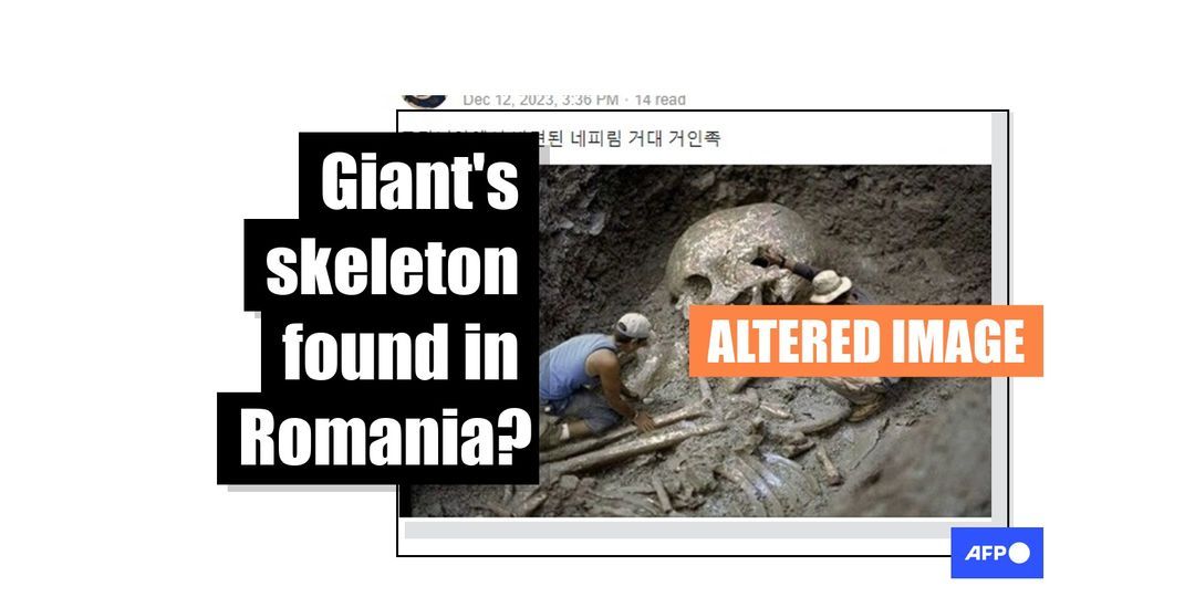 Doctored photo falsely shared as 'giant's skeleton found in Romania' - Featured image