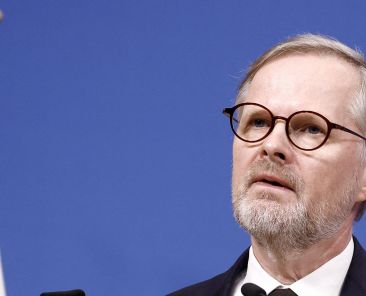 Czech Republic's Prime Minister Petr Fiala speaks during a press conference at the NATO headquarters in Brussels, on April 17, 2024. (Photo by KENZO TRIBOUILLARD / AFP)