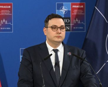 Czech Foreign Minister Jan Lipavsky listens to questions during a press conference at the end of an informal meeting of NATO Ministers of Foreign Affairs in Prague, Czech Republic on May 31, 2024. NATO chief Jens Stoltenberg on May 31 called on members to commit to keeping annual military aid for Ukraine at a minimum of 40 billion euros (USD 43 billion), after alliance foreign ministers debated long-term support for Kyiv. (Photo by Michal Cizek / AFP)